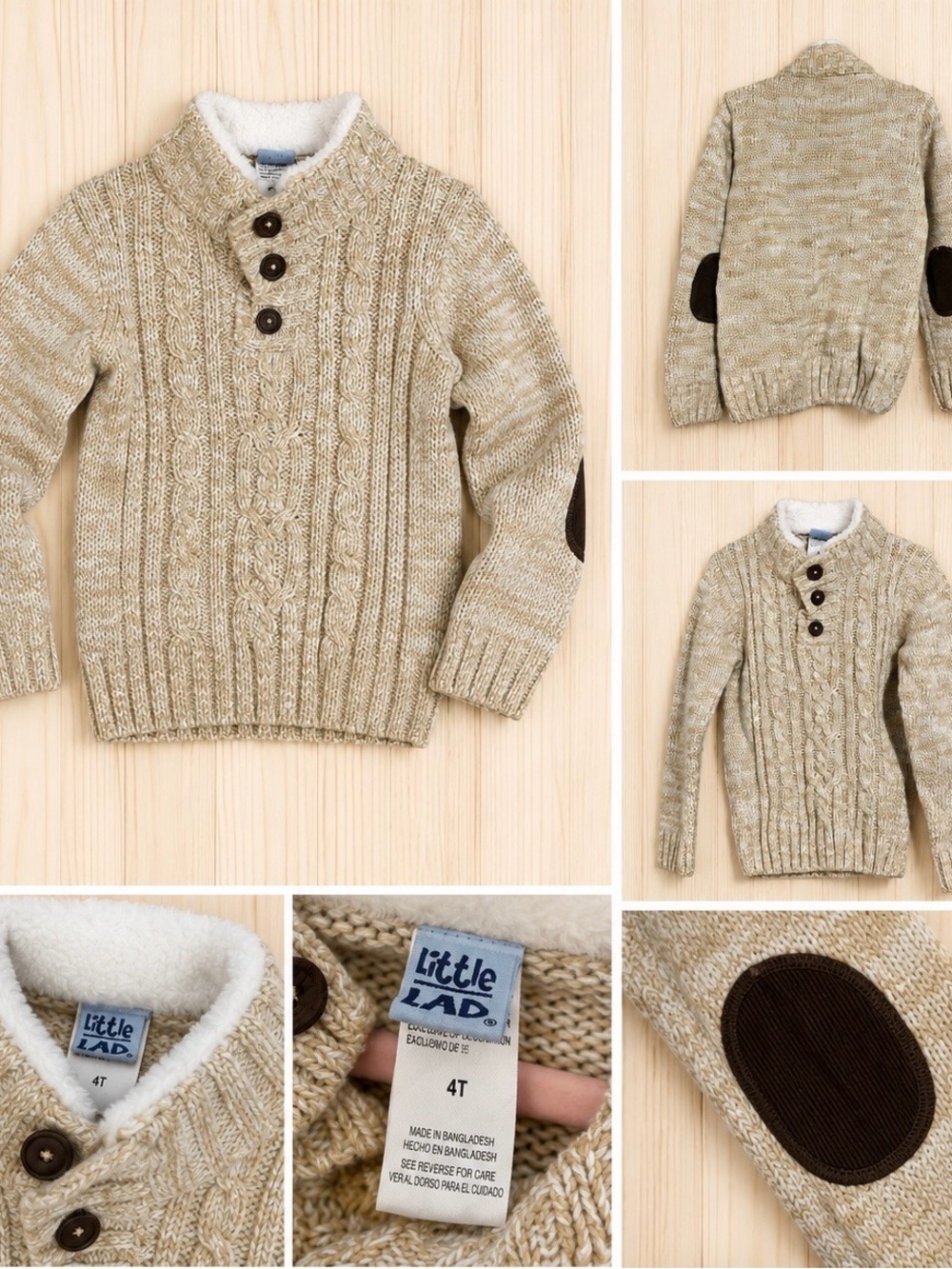 Little Lad Beige Cable Knit Sweater with Sherpa Collar